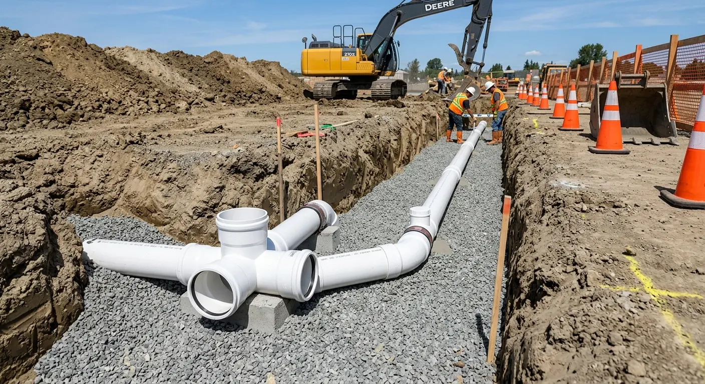 New PVC sewer pipe installation in open trench for Sewer Backup in Issaquah