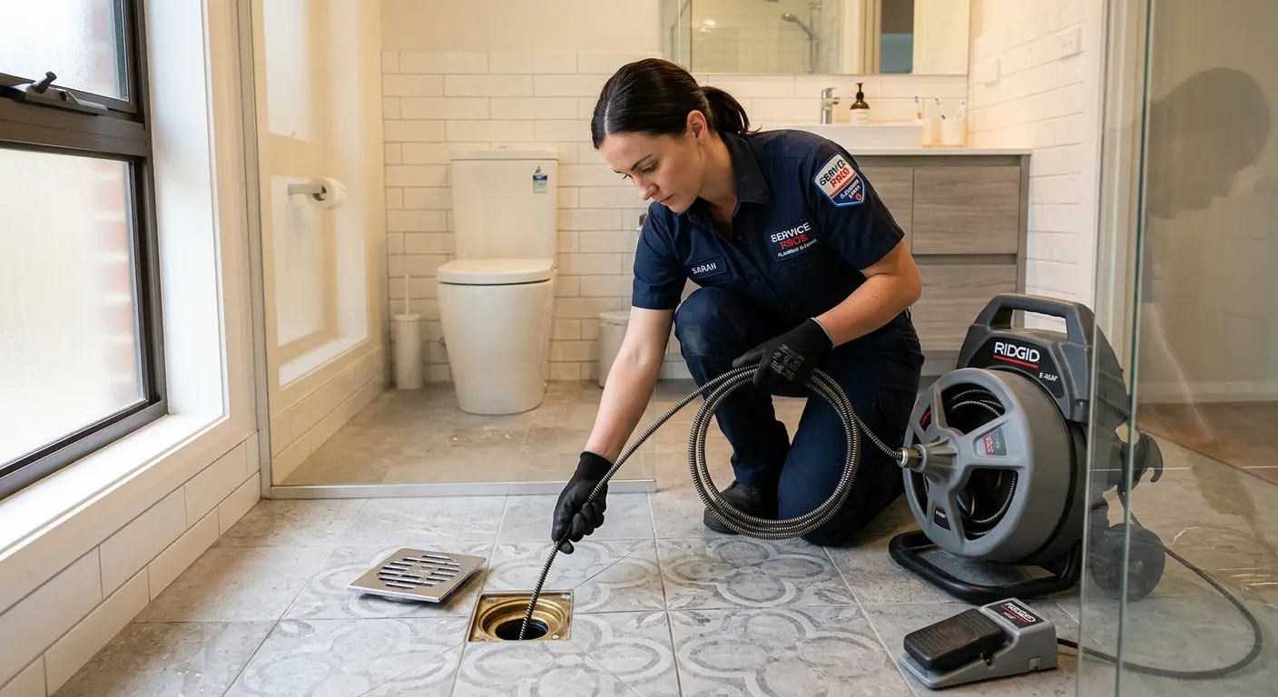 Technician clearing a bathroom floor drain for Sewer Line Replacement in Issaquah